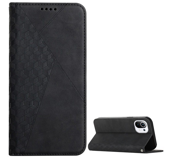 Tok álló, bőr hatású (FLIP, oldalra nyíló, asztali tartó funkció, 3D rombusz minta, prémium) FEKETE [Xiaomi 11 Lite 5G NE]