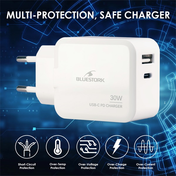 Bluestork  PW-NB-30-C-A/2 USB-C USB-A  30W Hálózati töltő  Fehér
