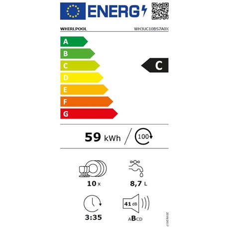 Whirlpool WH3UC10BS7A0X   10 terítékes keskeny beépíthető mosogatógép
