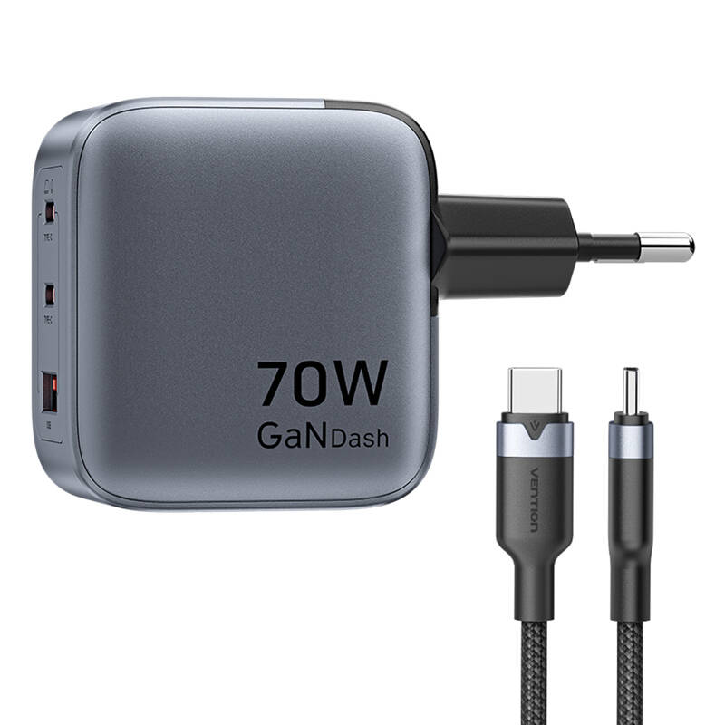 Vention GaN USB-C+C+A 70W töltő + USB-C-C kábel 1m Szürke 