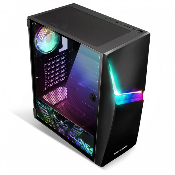 Spirit of Gamer Számítógépház - CLONE 4 Black (fekete, ablakos, 8x12cm ventilátor, alsó táp,  ATX, 1xUSB3.0, 2xUSB2.0)