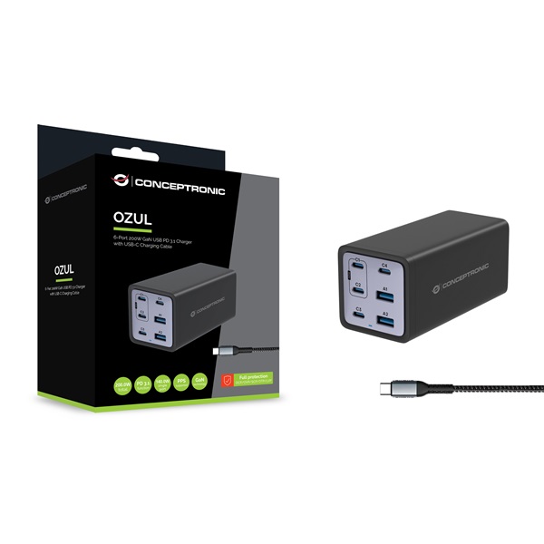Conceptronic  OZUL06BE 4x USB-C+2x USB-A  200W telefon töltő adapter Fekete 
