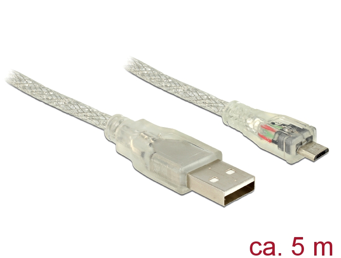 Delock USB 2.0-s kábel A-típusú csatlakozódugóval > USB 2.0 Micro-B csatlakozódugóval, 5 m, áttetsző (83903)