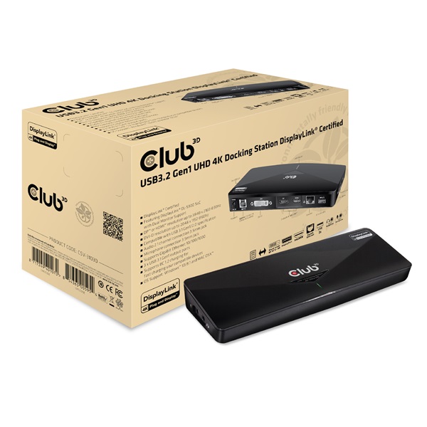 Club 3D  CSV-3103D DUAL DISPLAY/4K 3.2 USB-A to HDMI  DP  DVI-D  3xUSB-A  RJ45  3.5 Jack Audio +Mic Notebook Dokkoló