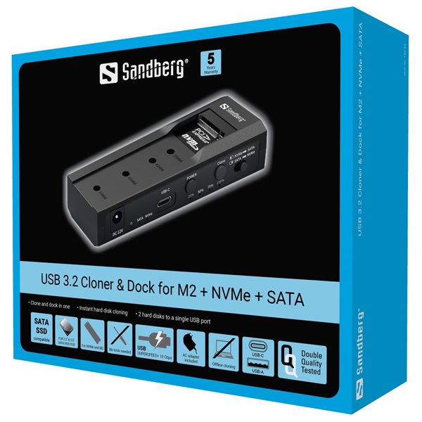 SANDBERG 136-49 USB dokkoló USB 3.2 Cloner and Dock for M2 + NVMe + SATA