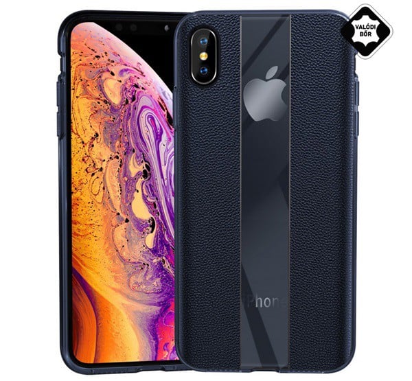 Szilikon telefonvédő (valódi bőr bevonat, csíkos) SÖTÉTKÉK [Apple iPhone XS 5.8]