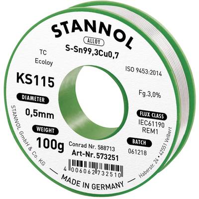 Forrasztóhuzal, ólommentes, 100 g, 0,5 mm, 3,0%, KS115 Forrasztóhuzal, ólommentes, 100 g, 0,5 mm, 3,0%, KS115