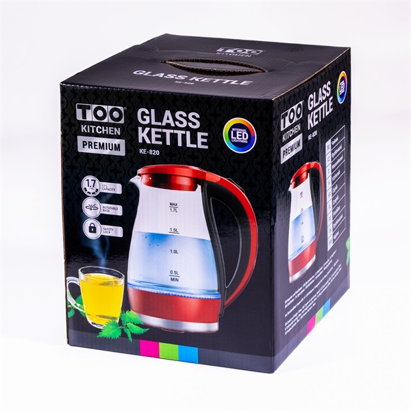 TOO KE-820 1,7L-es piros prémium üveg vízforraló TOO KE-820 1,7L-es piros prémium üveg vízforraló