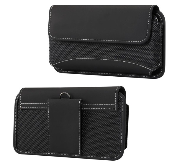 Tok fekvő, bőr hatású (univerzális, övre fűzhető, tépőzáras, textil, bőr hatású bevonat, 6.4 - 6.9" méret) FEKETE [Samsung Galaxy M53 ...