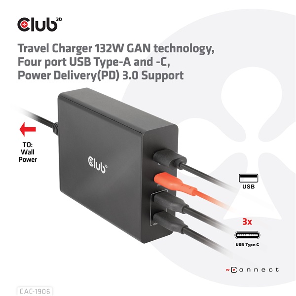Club 3D  CAC-1906  132W GaN  2x USB-A  2x USB-C  PD3.0, 4 csatlakozó Hálózati Töltő 