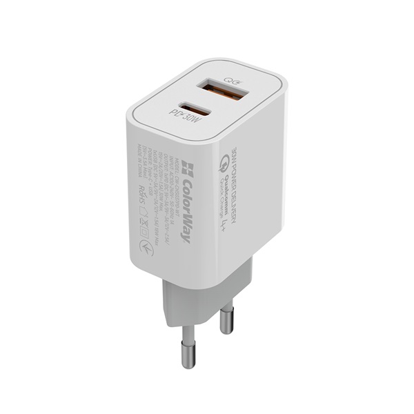 COLORWAY CW-CHS037PD-WT Power Delivery Port PPS USB (Type-C PD + USB QC3.0) (30W)  USB töltő adapter Fehér  