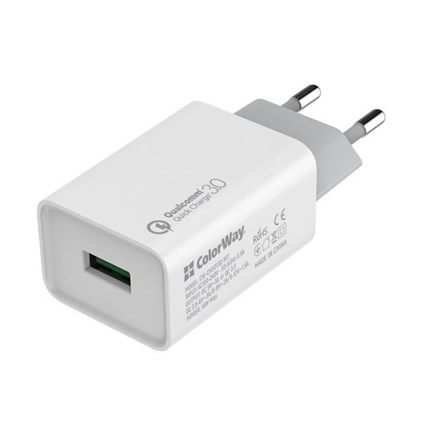 COLORWAY CW-CHS013Q-WT USB töltő adapter 1USB Quick Charge 3.0 (18W) Fehér COLORWAY CW-CHS013Q-WT USB töltő adapter 1USB Quick Charge 3.0 (18W) Fehér