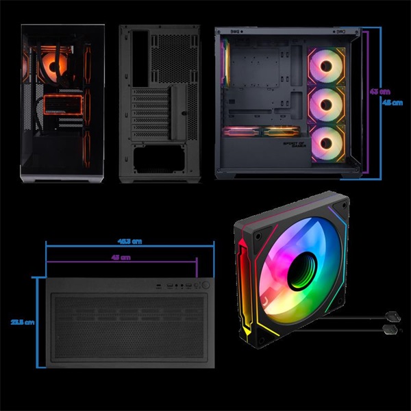 Spirit of Gamer SPARK Black Fekete  ablakos 6x12cm ventilátor alsó táp Számítógépház 