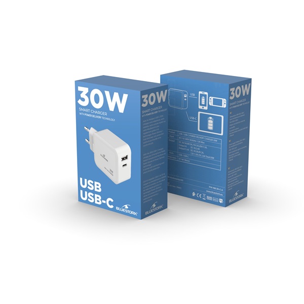 Bluestork  PW-NB-30-C-A/2 USB-C USB-A  30W Hálózati töltő  Fehér