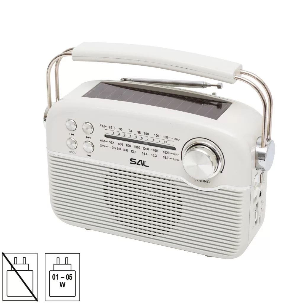 SAL RPR9 napelemes rádió multimédia lejátszóval, FM-AM-SW rádió, Bluetooth, USB és microSD csatlakozás, beépített akkumulátor