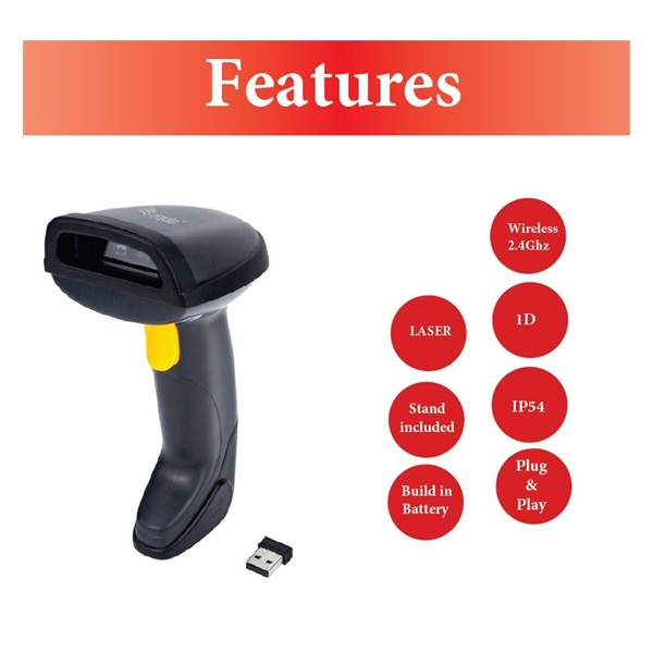EQuip Wireless 1D Laser Barcode Scanner with Stand Vonalkódolvasó Fekete