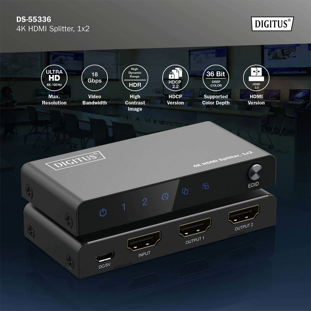 Digitus DS-55336 4K HDMI Splitter 1x2 Fekete