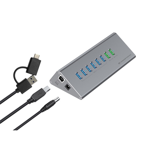 Conceptronic HUBBIES18G 10 port USB-A/C to 2x USB-C+8x USB-A külső táp  USB Hub Szürke