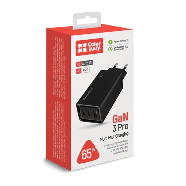 COLORWAY CW-CHS039PD-BK  USB töltő adapter GaN3 Pro Power Delivery (USB-A + 2 USB TYPE-C) (65W) Fekete  