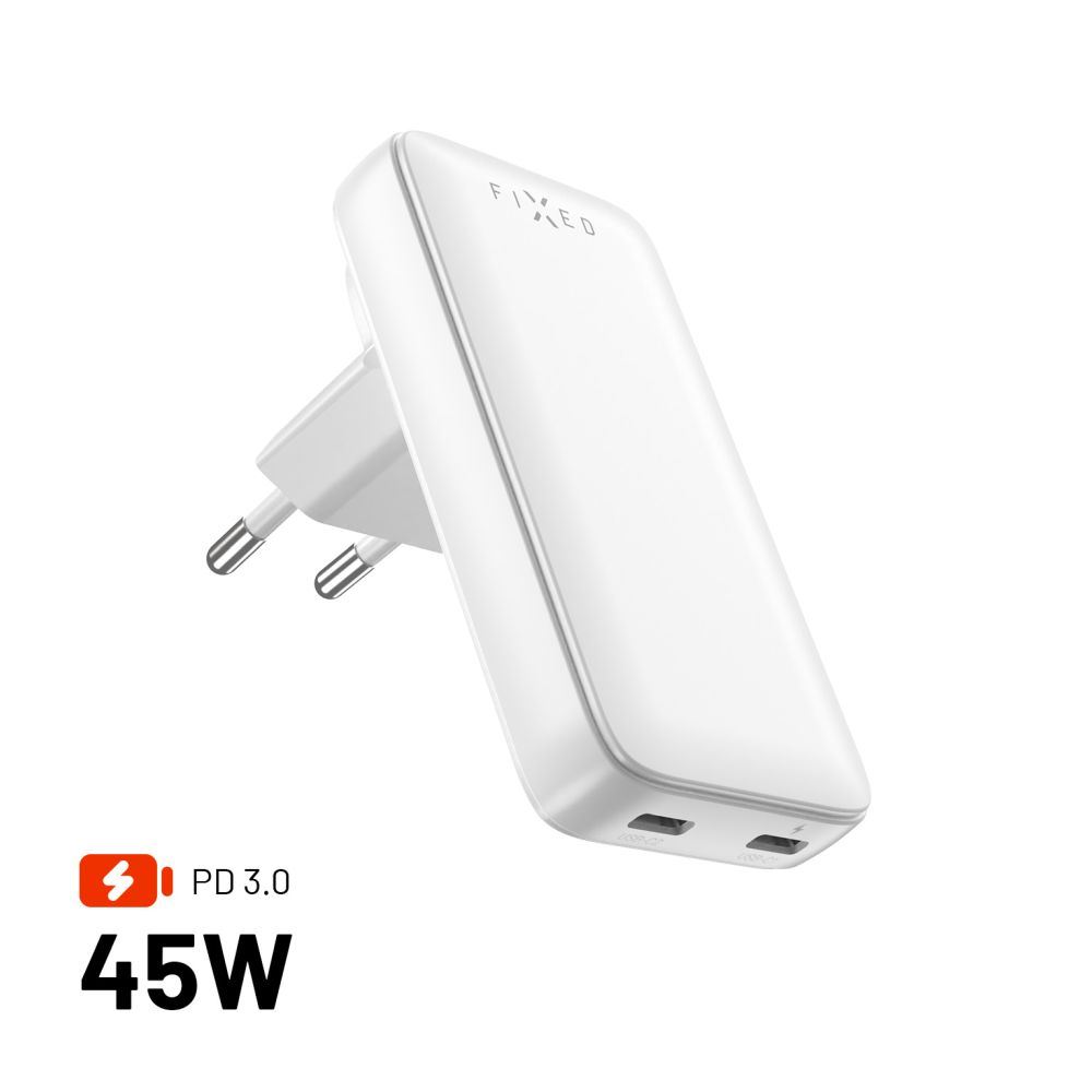 FIXED Slim Traveller 2xUSB-C utazási töltő világadapter GaN 45W Fehér