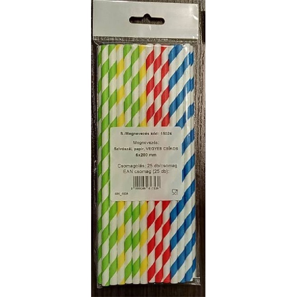 Vegyes színű, csíkos 15024 6mmx200mm 25db/csomag papír szívószál Vegyes színű, csíkos 15024 6mmx200mm 25db/csomag papír szívószál