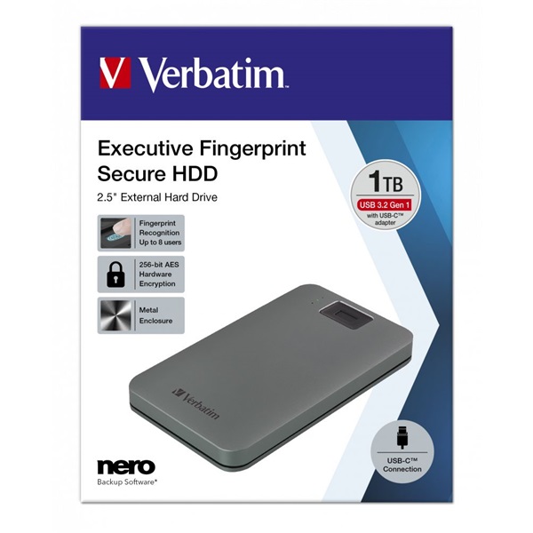 Verbatim 53652 Executive 1TB USB 3.2 Gen 1/USB-C szürke FIPS titkosított külső winchester