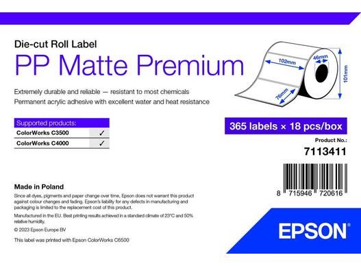 Epson PP Matte Label Premium, Die-cut címkenyomtató tekercspapír 102mm x 76mm, 365 címke (7113411)