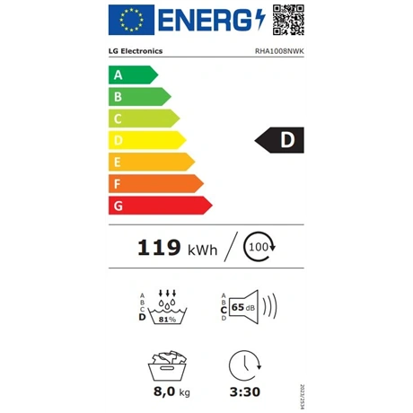 Lg RHA1008NWK Hőszivattyús szárítógép Fehér/Fekete - 8 kg, D energiaosztály