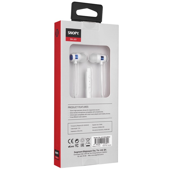 Snopy SN-J01 mikrofon 3.5mm jack  1.2m kábel  fehér-kék Fülhallgató