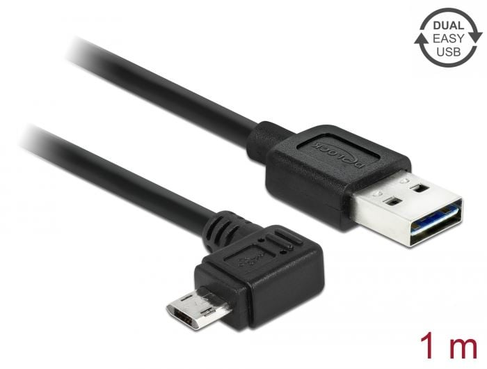 Delock EASY-USB 2.0 Type-A apa > EASY-USB 2.0 Type Micro-B apa (elforgatott csatlakozó) kábel 1m fekete (83846)