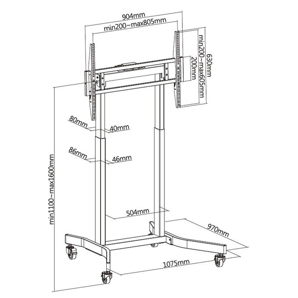 Equip 650631  55"-100" álló dönthető állítható magasság  gurulós motoros Max.:120kg Fekete TV állvány  