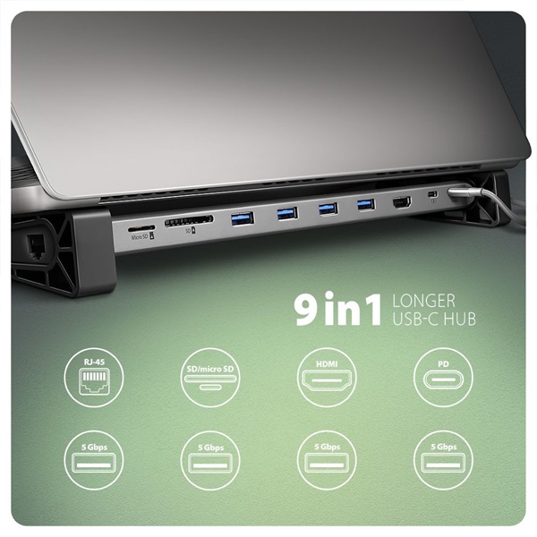 Axagon HMC-10HLS USB-C 5Gbps LONGER 9in1 hub Axagon HMC-10HLS USB-C 5Gbps LONGER 9in1 hub