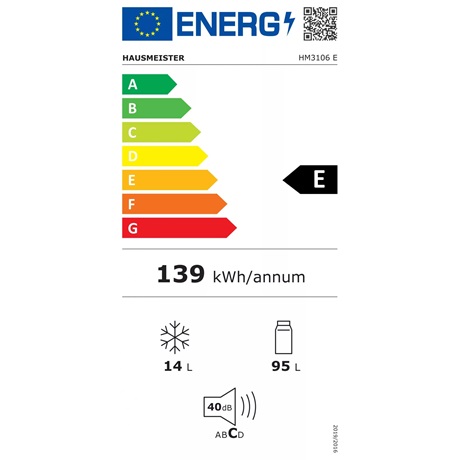 Hausmeister HM3106E Egyajtós hűtőszekrény, E energiaosztály, Fehér