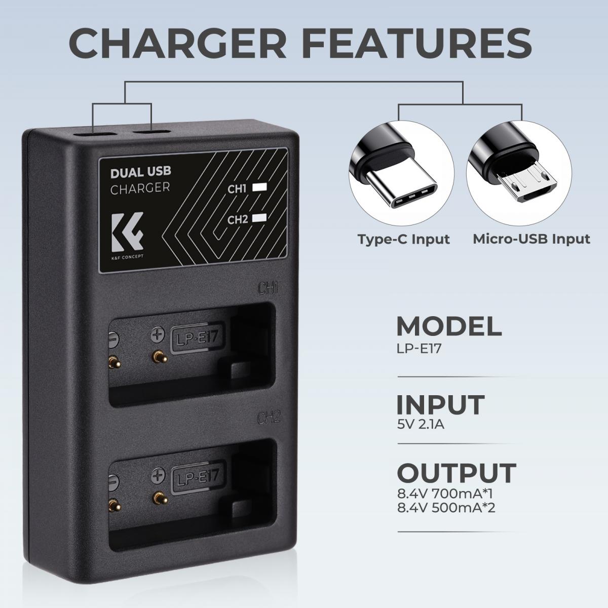 K&F Concept hordozható dupla LC-E17 akkumulátor töltő, USB-C, 2db LP-E17 akkumulátorhoz