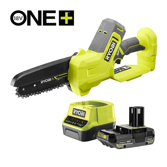 Ryobi RY18PS15A-120 18V One Plus™ 15cm-es mini láncfűrész 1x 2,0Ah akkumulátor töltő Ryobi RY18PS15A-120 18V One Plus™ 15cm-es mini láncfűrész 1x 2,0Ah akkumulátor töltő