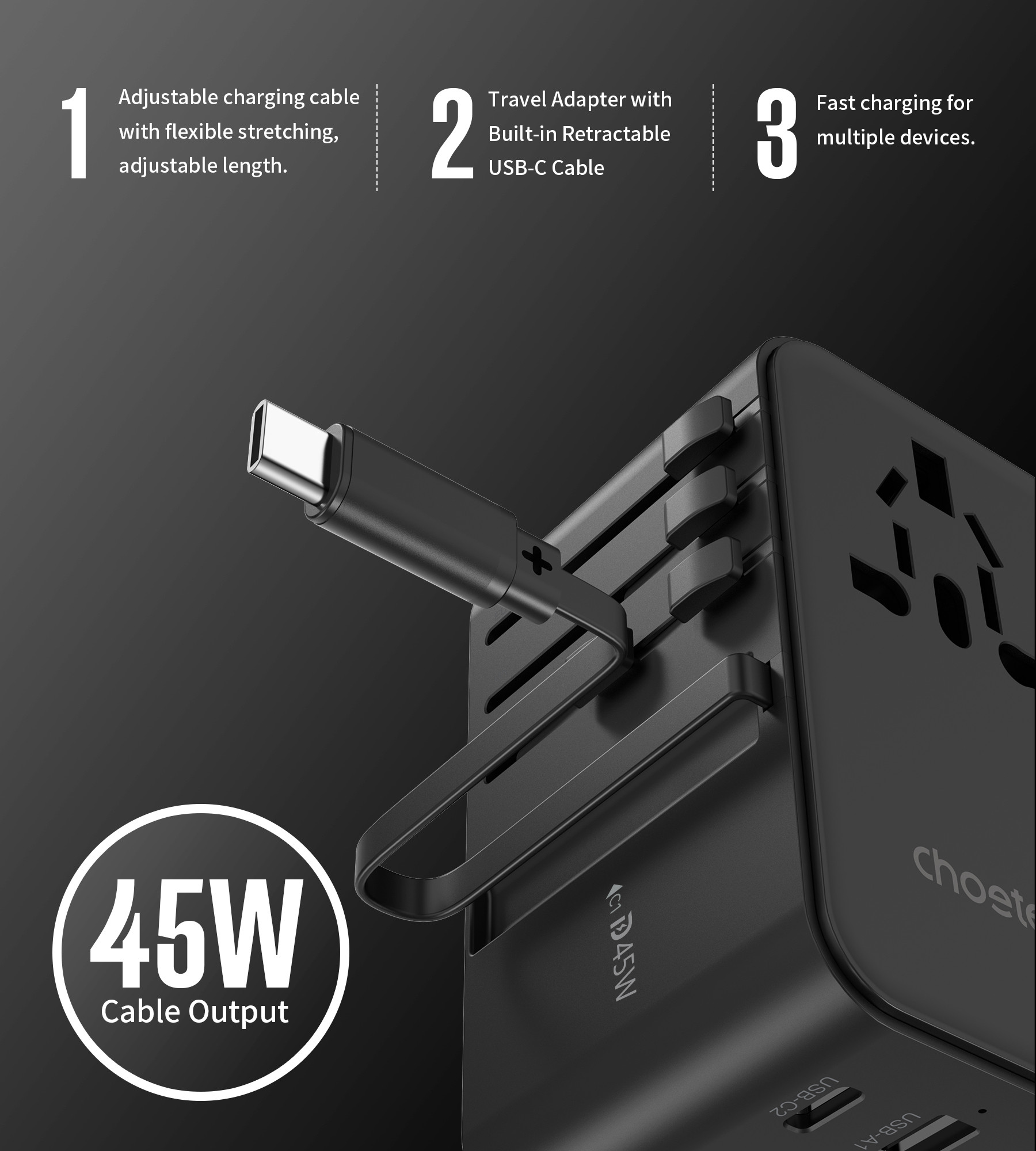 Choetech USB-C*2+USB-A*2 45W fekete travel USB-C kábellel US,UK,EU,AU  töltő