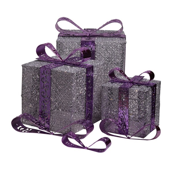 IRIS Doboz alakú /1db 20cm, 1db 25cm, 1db 30cm/ ezüst-lila fémdoboz műanyag masnival dekor szett  (011-02)