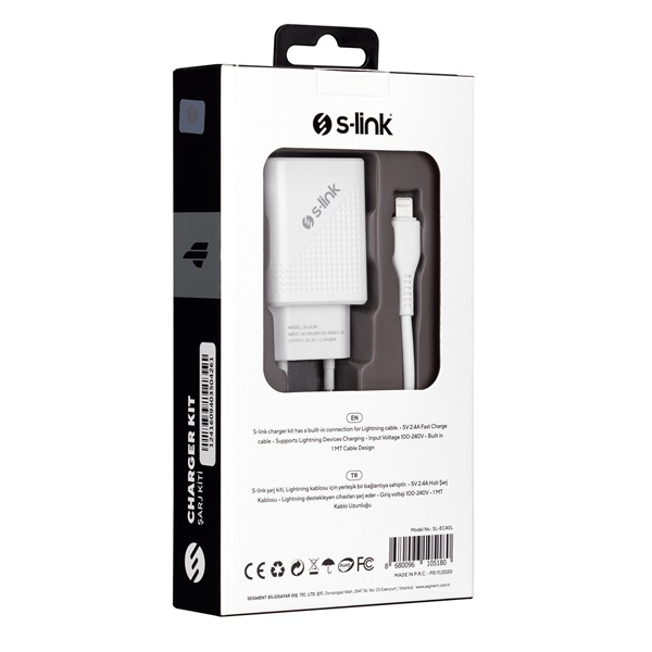 S-Link SL-EC40L 1db USB  5V/2.4A 12W Gyorstöltés Lightning-USB 100cm adat+töltőkábel Fehér)