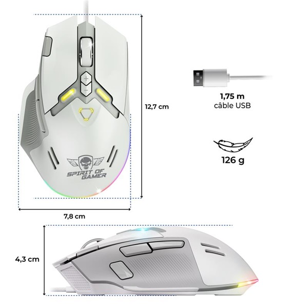 Spirit of Gamer   ELITE-M60 White Optikai 20000 DPI 1000Hz 9 programozható gomb RGB vezetékes Egér Fehér