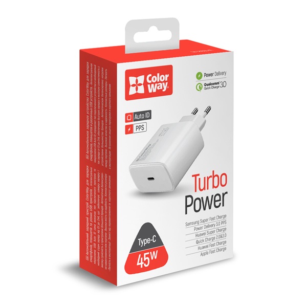 COLORWAY CW-CHS034PD-WT  Power Delivery Port PPS USB Type-C (45W) USB töltő adapter  Fehér   