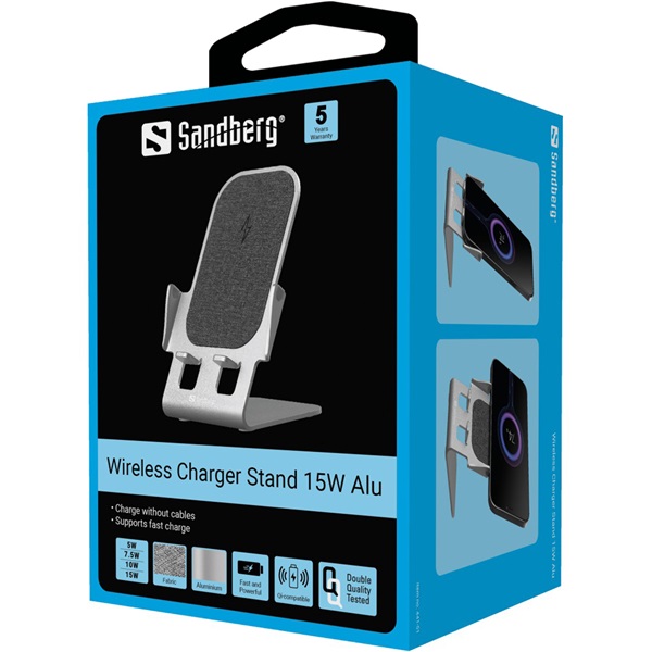 Sandberg Telefon tartó/töltő   Wireless Charger Stand 15W Alu