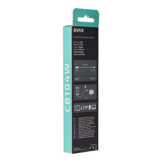  AVAX CB104W PURE  2.1A 1m USB A-Lightning kábel  Fehér 