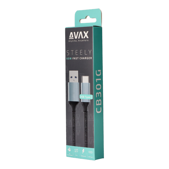  AVAX CB301G STEELY USB A-Type C 60W  1,5m 3A gyorstöltő kábel  acélszürke 