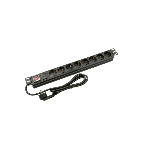 Walisec   PDU-EU08S 8 Schuko  Rack 1U 1,8m kábel aluminium  Hálózati Elosztó Fekete