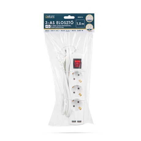 Delight 20221U ELOSZTÓ 3-AS, 1,5 M, 2 X USB-VEL, KAPCSOLÓS Delight 20221U ELOSZTÓ 3-AS, 1,5 M, 2 X USB-VEL, KAPCSOLÓS
