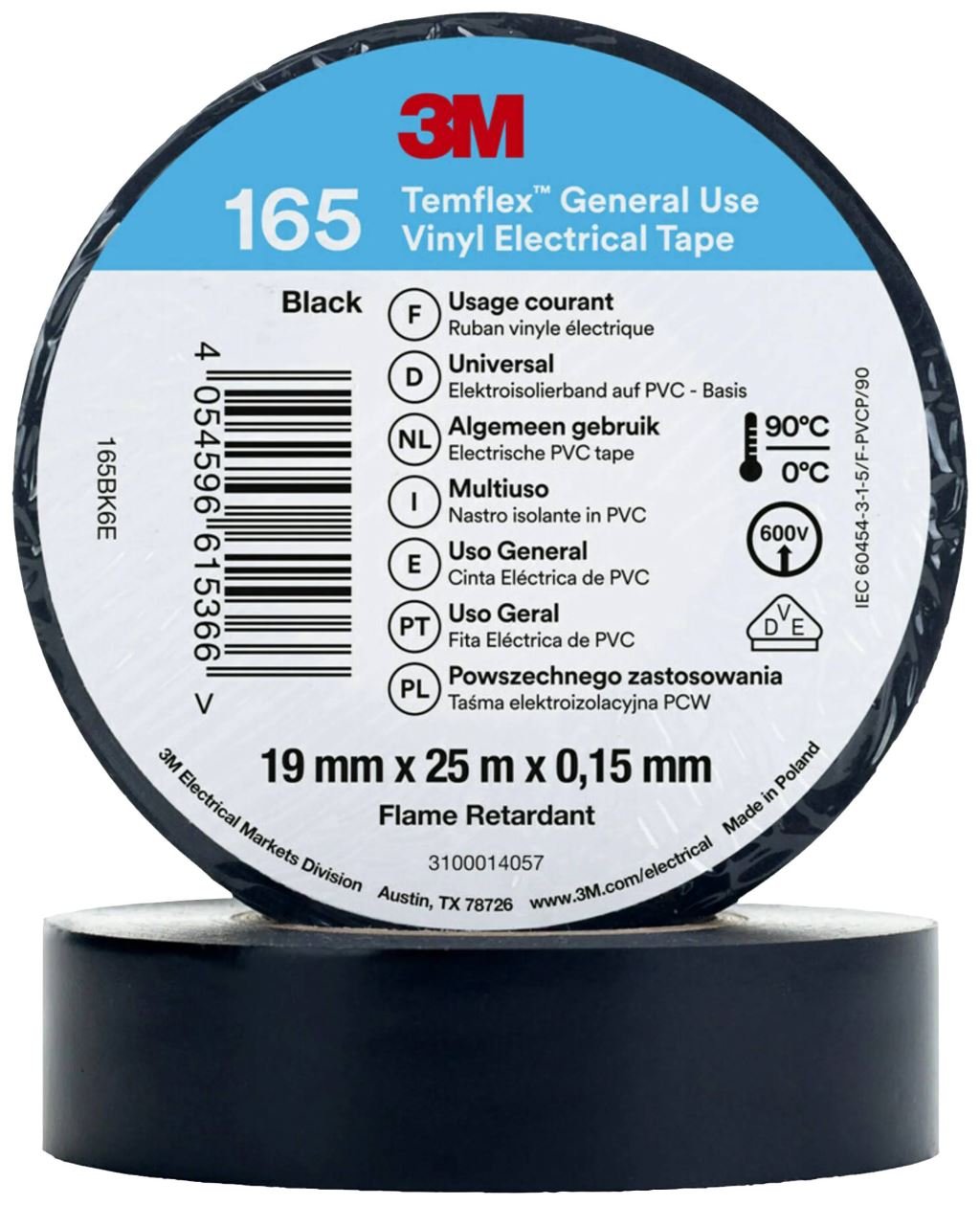 3M Temflex 165 165BK6E vinil szigetelőszalag, fekete, 25 m x 19 mm