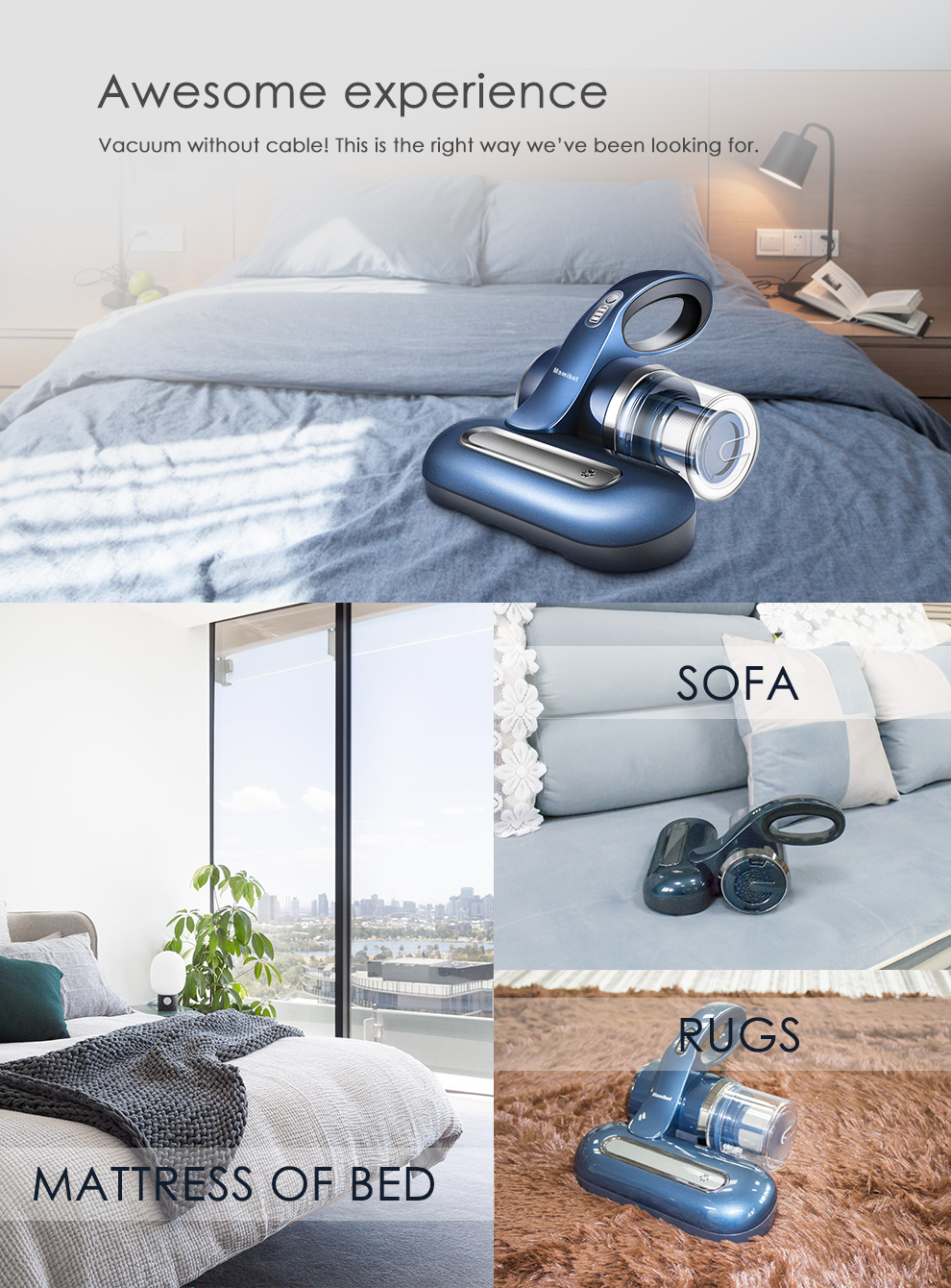 Mamibot vezeték nélküli kézi UV, atkaírtó porszívó, Dust Mite Vacuum Cleaner UVlite 200, kék