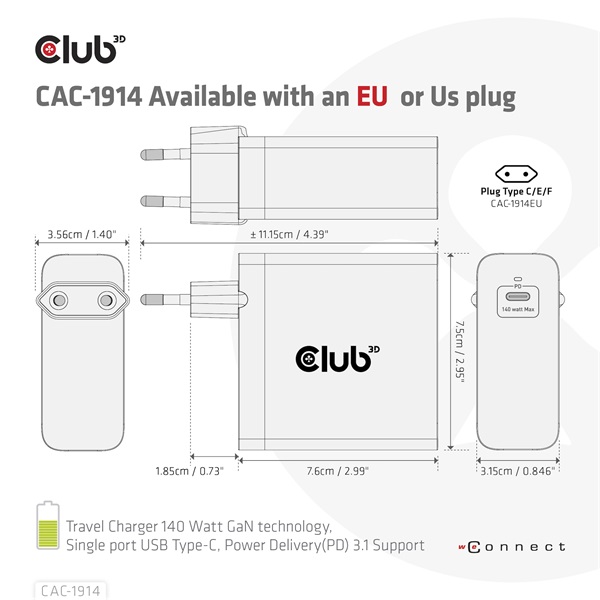 Club 3D   CAC-1914EU 140W GaN USB-C  PD 3.1 Hálózati Töltő