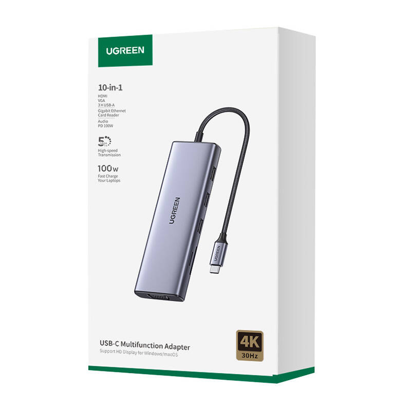 10-in-1 Adapter UGREEN CM498 USB-C to 3x USB-A 3.0, HDMI, VGA, RJ45, SD/TF, AUX3.5mm, PD 10-in-1 Adapter UGREEN CM498 USB-C to 3x USB-A 3.0, HDMI, VGA, RJ45, SD/TF, AUX3.5mm, PD