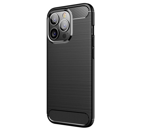 Szilikon telefonvédő (közepesen ütésálló, légpárnás sarok, szálcsiszolt, karbon minta) FEKETE [Apple iPhone 13 Pro]